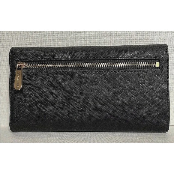New Michael Kors Jet Set Travel Large Trifold Wallet Leather Black with Silver - Picture 3 of 6